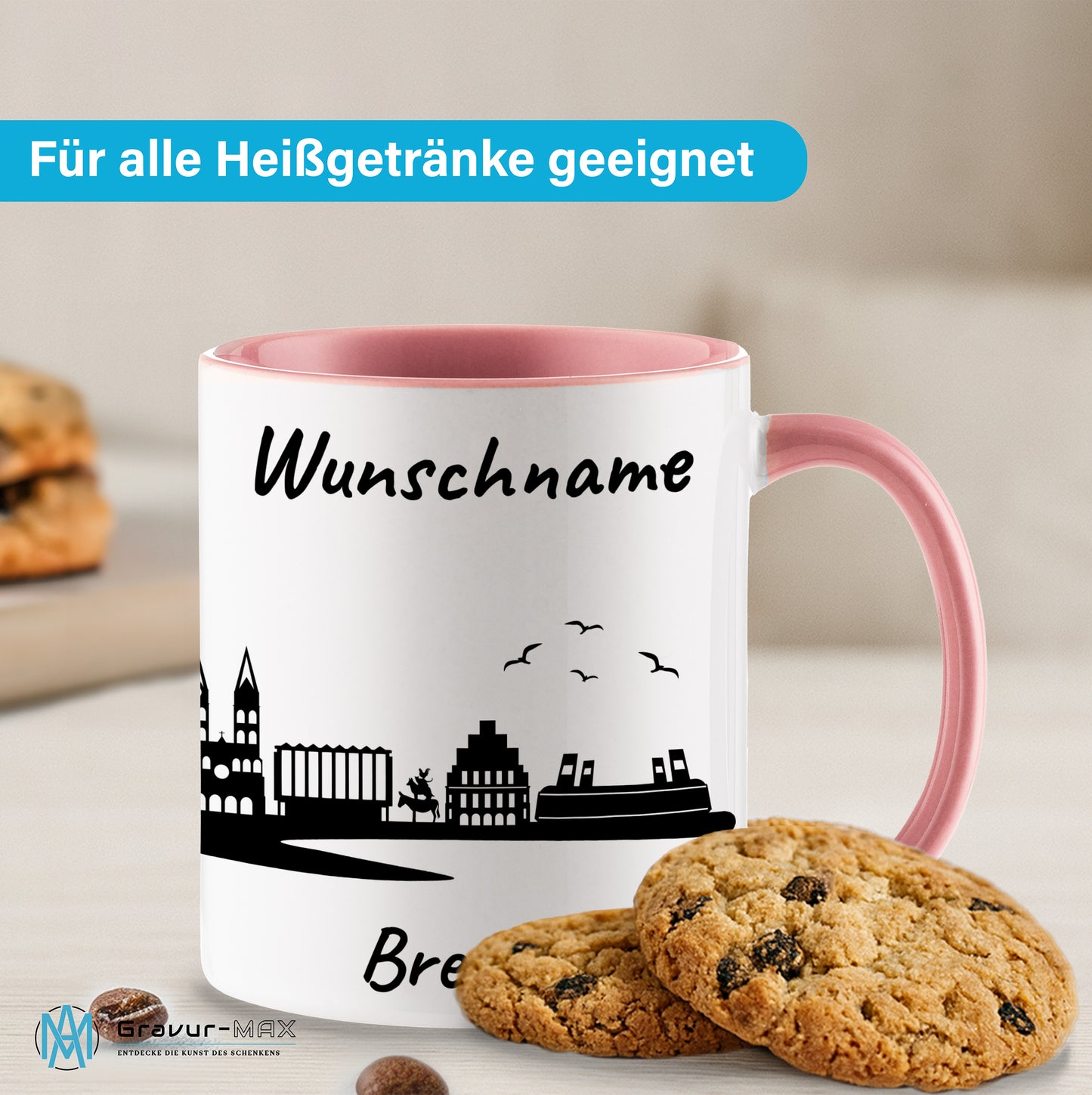 Tasse in Rosa 330ml bedruckt mit der Skyline von Bremen personalisierbar mit Wunschname