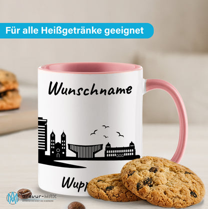 Tasse in Rosa 330ml bedruckt mit der Skyline von Wuppertal personalisierbar mit Wunschname
