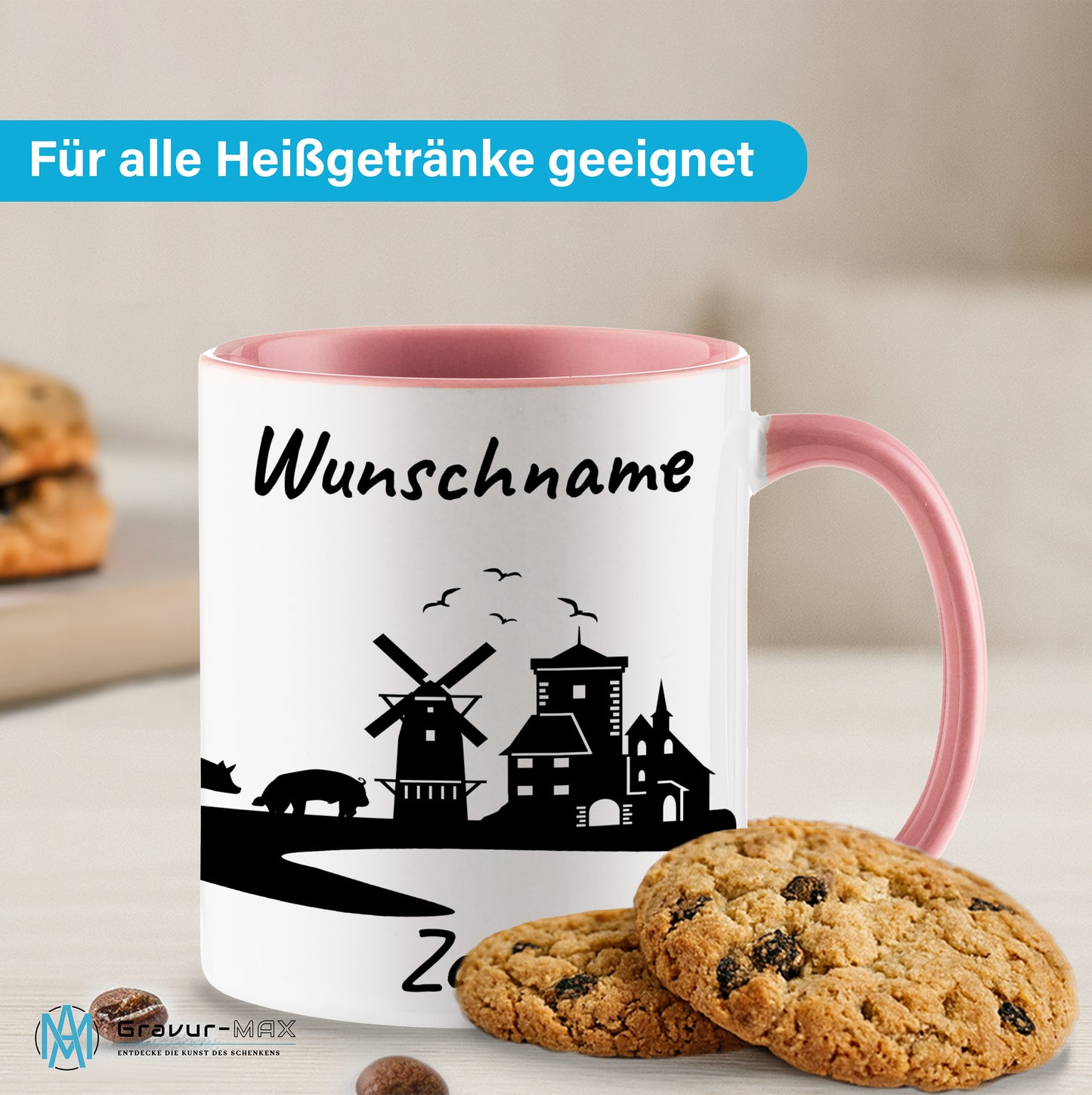 Tasse in Rosa 330ml bedruckt mit der Skyline von Zons (Dormagen) personalisierbar mit Wunschname