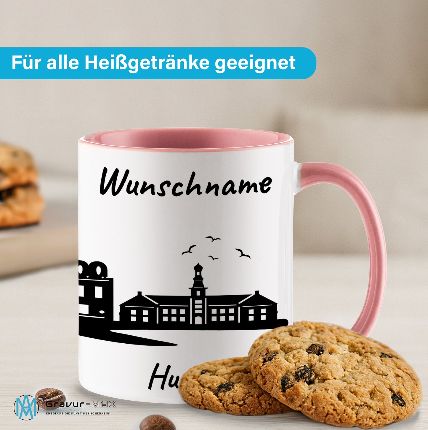 Tasse in Rosa 330ml bedruckt mit der Skyline von Husum personalisierbar mit Wunschname