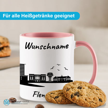 Tasse in Rosa 330ml bedruckt mit der Skyline von Flensburg personalisierbar mit Wunschname