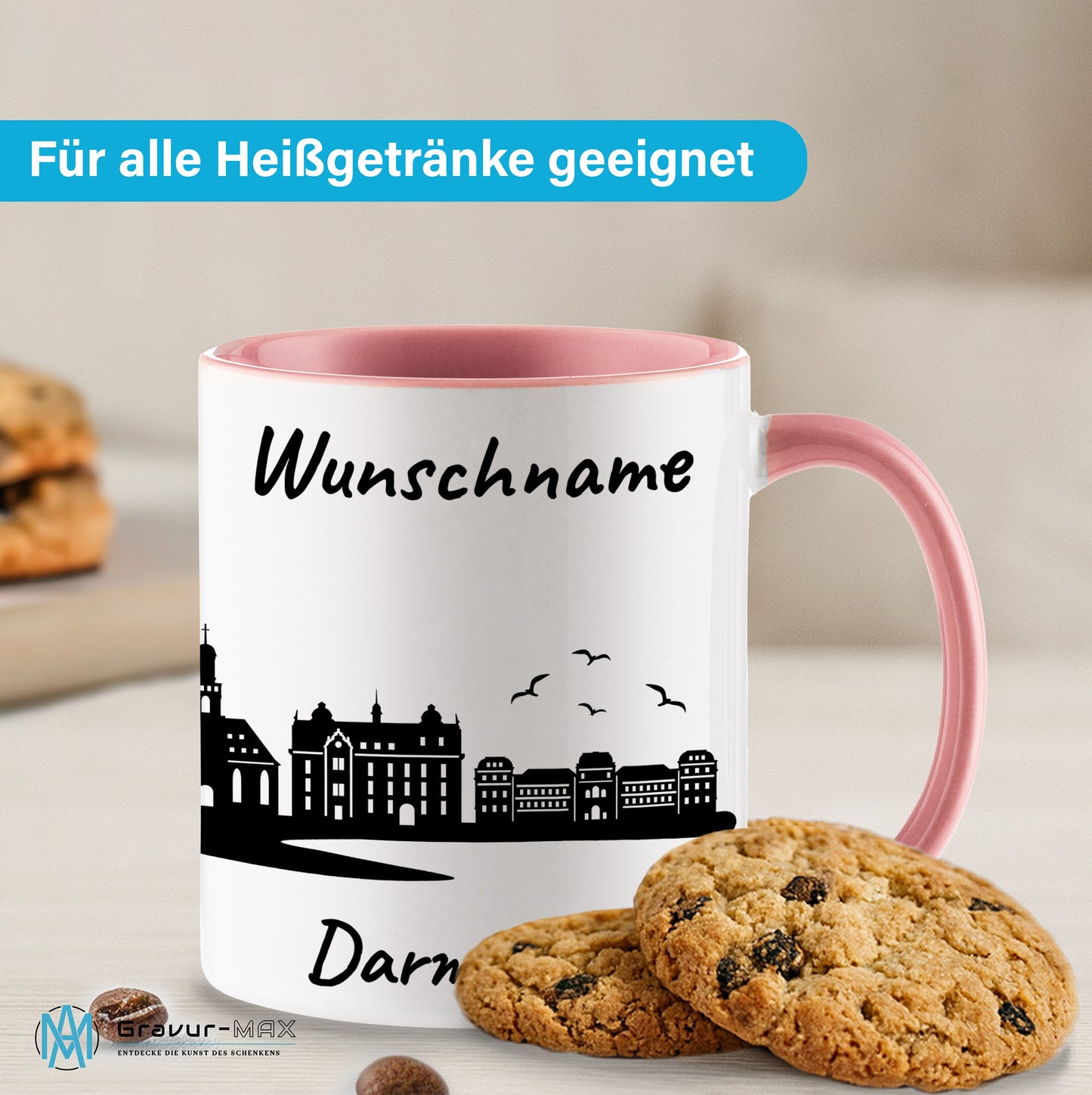 Tasse in Rosa 330ml bedruckt mit der Skyline von Darmstadt personalisierbar mit Wunschname