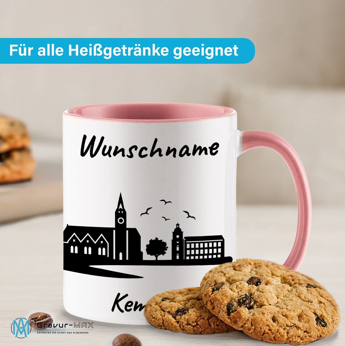 Tasse in Rosa 330ml bedruckt mit der Skyline von Kempten personalisierbar mit Wunschname