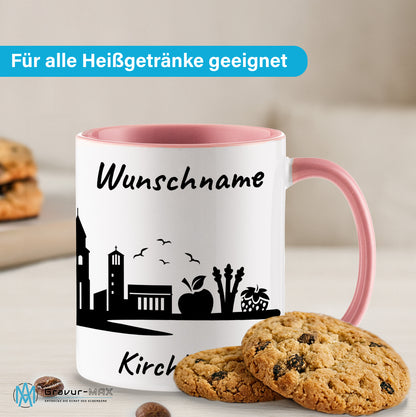 Tasse in Rosa 330ml bedruckt mit der Skyline von Kirchhellen personalisierbar mit Wunschname