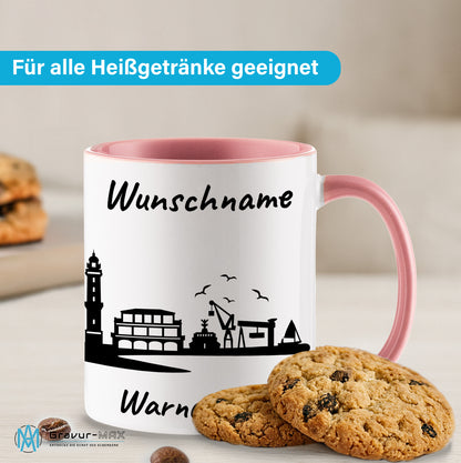 Tasse in Rosa 330ml bedruckt mit der Skyline von Warnemünde personalisierbar mit Wunschname