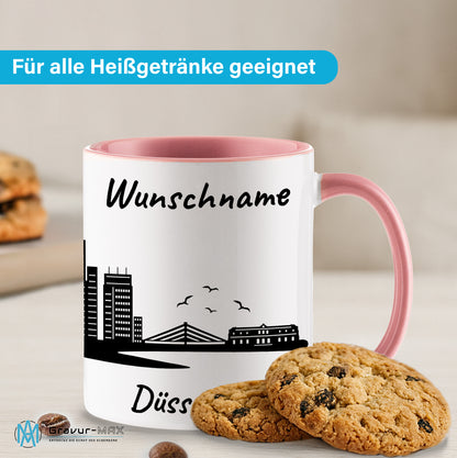 Tasse in Rosa 330ml bedruckt mit der Skyline von Düsseldorf personalisierbar mit Wunschname