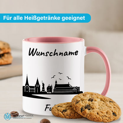 Tasse in Rosa 330ml bedruckt mit der Skyline von Fulda personalisierbar mit Wunschname
