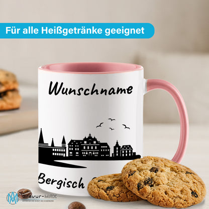 Tasse in Rosa 330ml bedruckt mit der Skyline von Bergisch Gladbach personalisierbar mit Wunschname