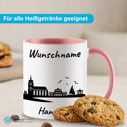 Tasse in Rosa 330ml bedruckt mit der Skyline von Hannover personalisierbar mit Wunschname