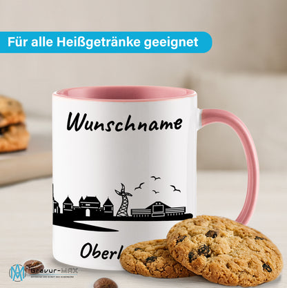 Tasse in Rosa 330ml bedruckt mit der Skyline von Oberhausen personalisierbar mit Wunschname