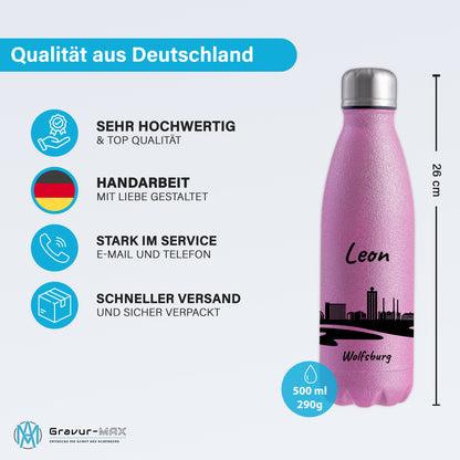 Glitzer Trinkflasche in Rosa 500ml aus Edelstahl bedruckt mit der Skyline von Wolfsburg personalisierbar mit Wunschname