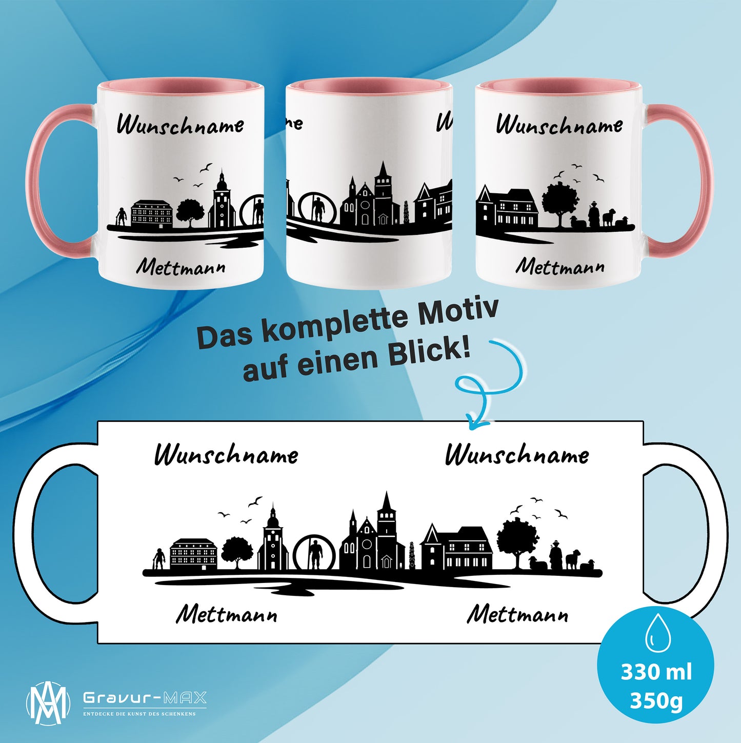 Tasse in Rosa 330ml bedruckt mit der Skyline von Mettmann personalisierbar mit Wunschname