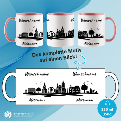 Tasse in Rosa 330ml bedruckt mit der Skyline von Mettmann personalisierbar mit Wunschname