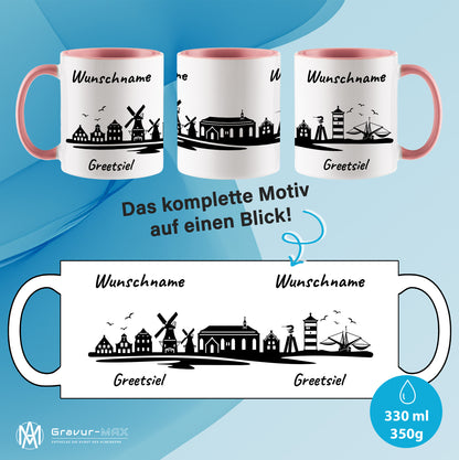 Tasse in Rosa 330ml bedruckt mit der Skyline von Greetsiel personalisierbar mit Wunschname