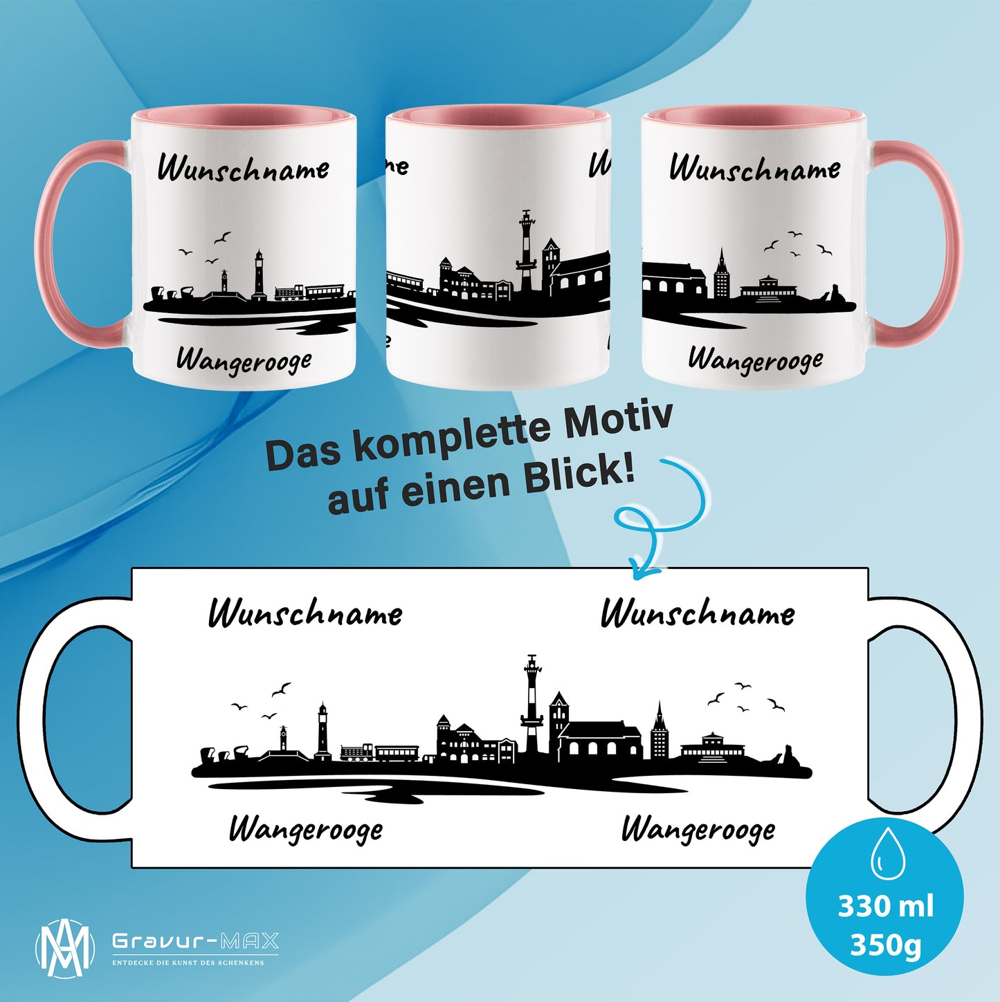 Tasse in Rosa 330ml bedruckt mit der Skyline von Wangerooge personalisierbar mit Wunschname
