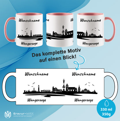 Tasse in Rosa 330ml bedruckt mit der Skyline von Wangerooge personalisierbar mit Wunschname