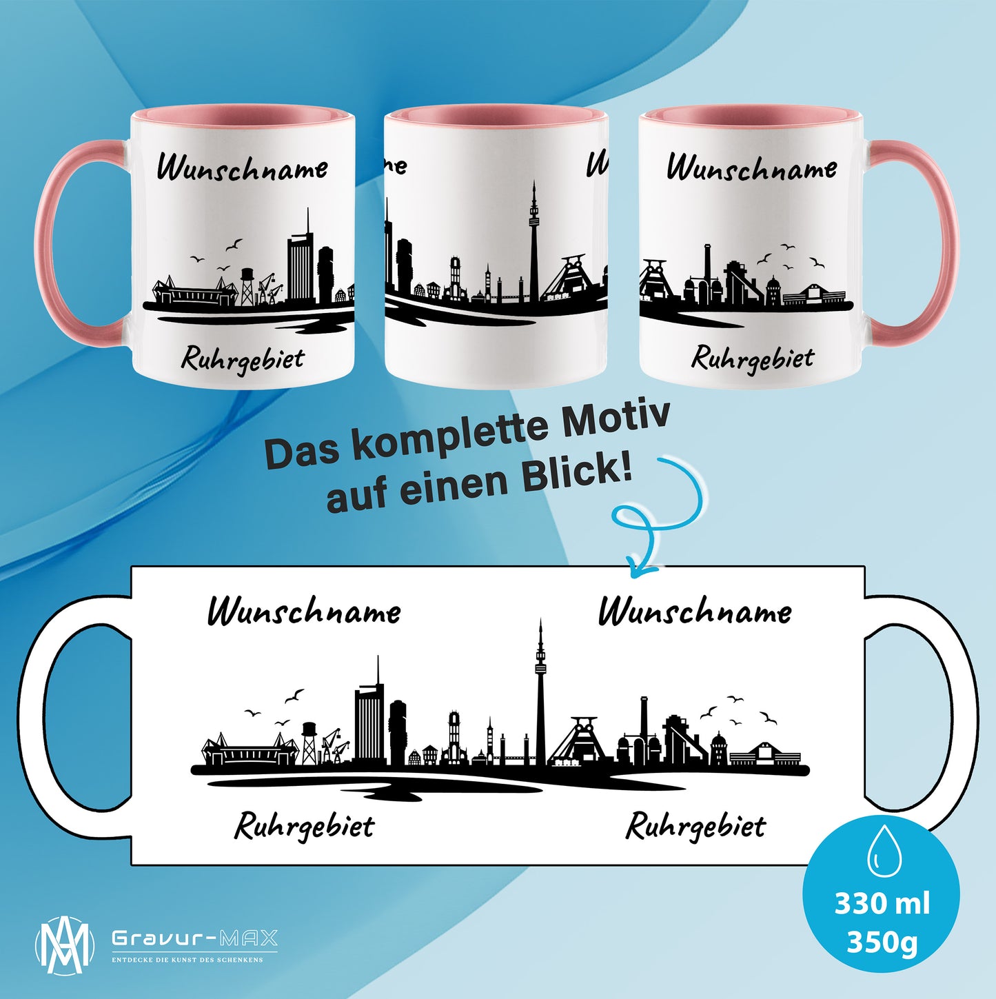 Tasse in Rosa 330ml bedruckt mit der Skyline von Ruhrgebiet personalisierbar mit Wunschname