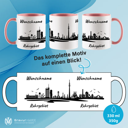Tasse in Rosa 330ml bedruckt mit der Skyline von Ruhrgebiet personalisierbar mit Wunschname