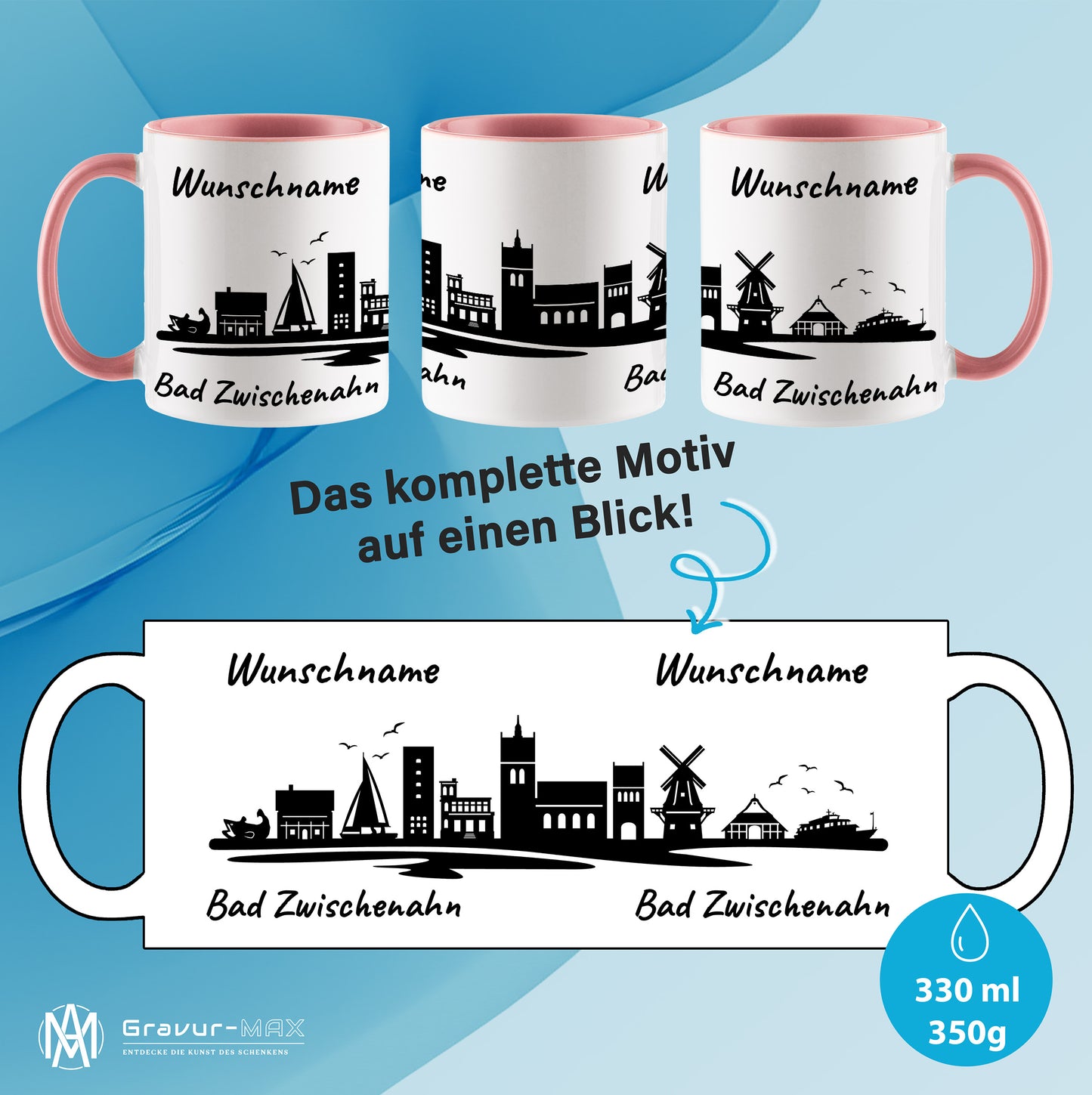 Tasse in Rosa 330ml bedruckt mit der Skyline von Bad Zwischenahn personalisierbar mit Wunschname