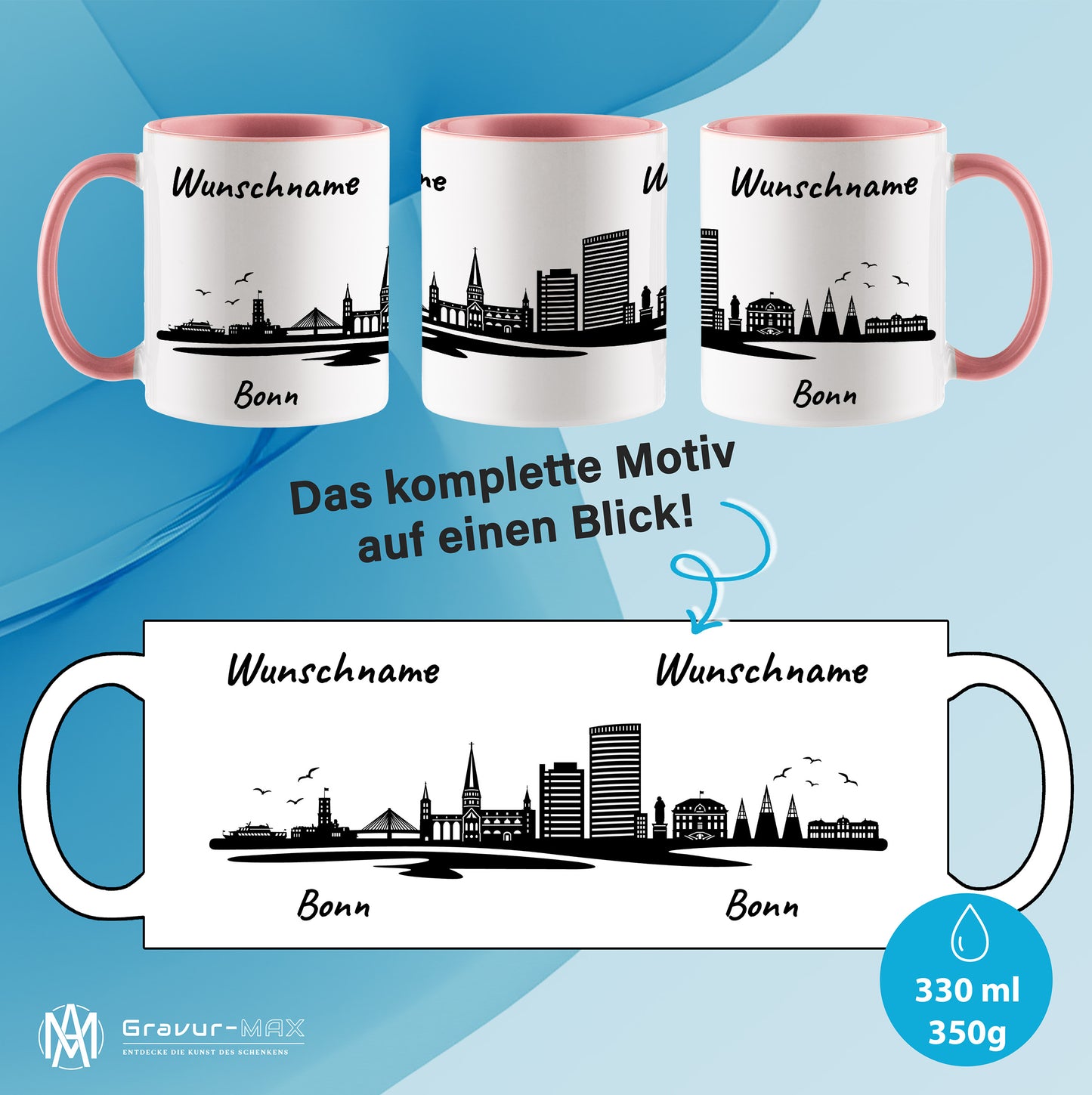 Tasse in Rosa 330ml bedruckt mit der Skyline von Bonn personalisierbar mit Wunschname