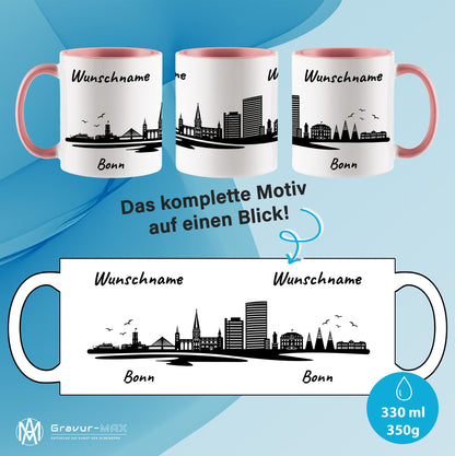 Tasse in Rosa 330ml bedruckt mit der Skyline von Bonn personalisierbar mit Wunschname