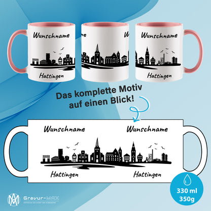Tasse in Rosa 330ml bedruckt mit der Skyline von Hattingen personalisierbar mit Wunschname