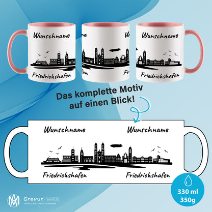Tasse in Rosa 330ml bedruckt mit der Skyline von Friedrichshafen personalisierbar mit Wunschname