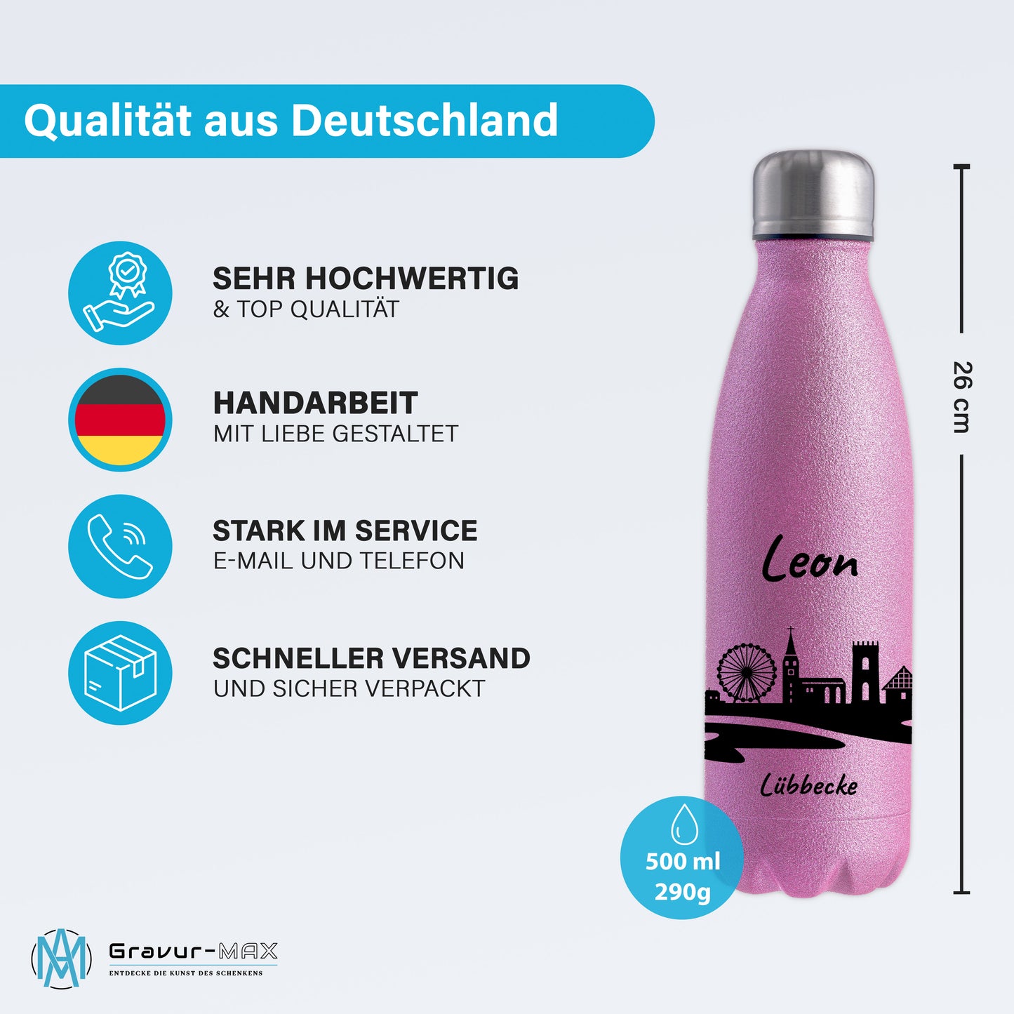 Glitzer Trinkflasche in Rosa 500ml aus Edelstahl bedruckt mit der Skyline von Lübbecke personalisierbar mit Wunschname