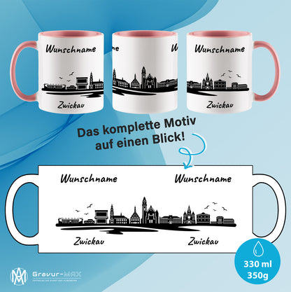 Tasse in Rosa 330ml bedruckt mit der Skyline von Zwickau personalisierbar mit Wunschname