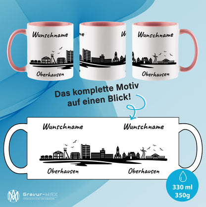 Tasse in Rosa 330ml bedruckt mit der Skyline von Oberhausen personalisierbar mit Wunschname