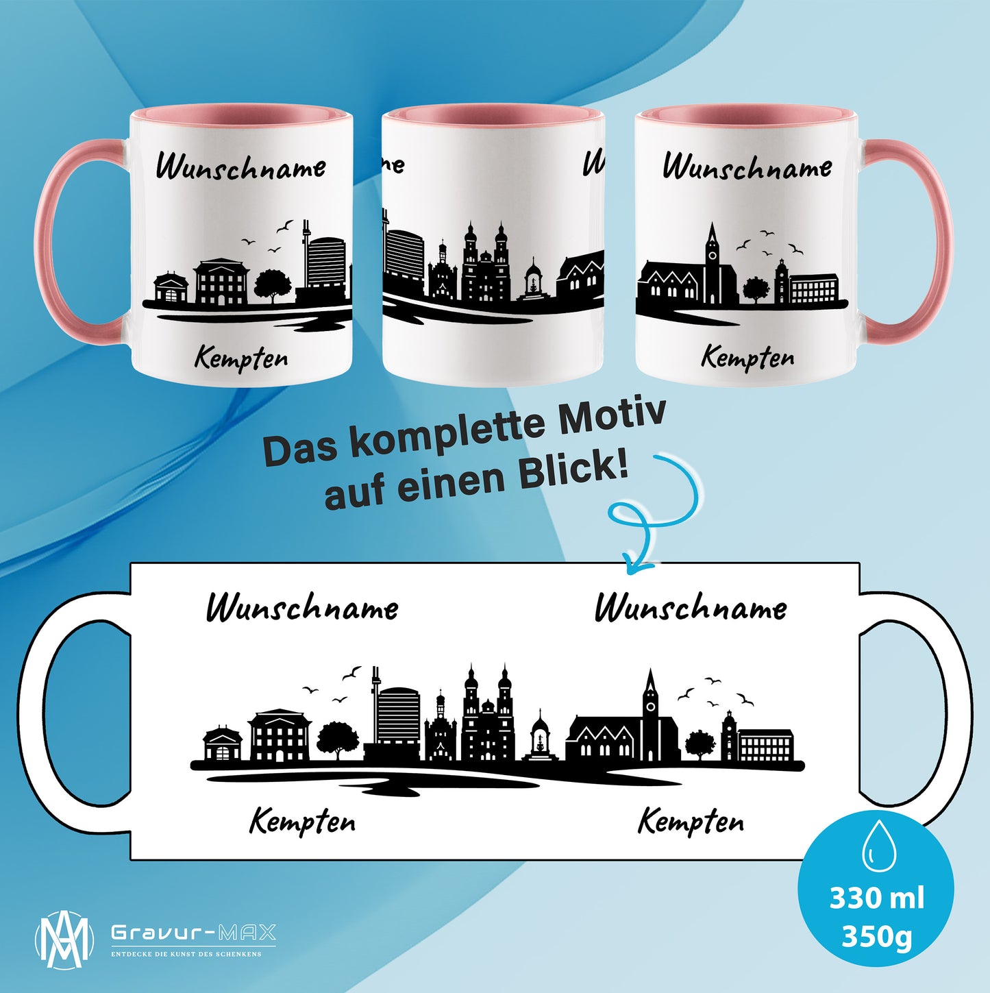 Tasse in Rosa 330ml bedruckt mit der Skyline von Kempten personalisierbar mit Wunschname