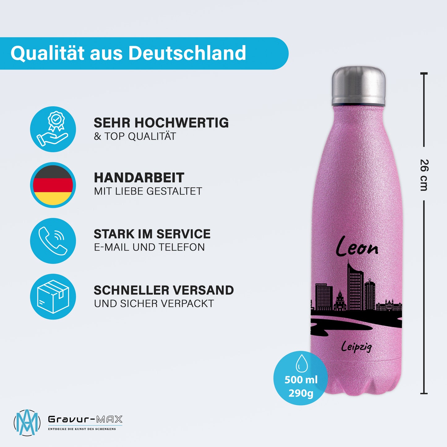 Glitzer Trinkflasche in Rosa 500ml aus Edelstahl bedruckt mit der Skyline von Leipzig personalisierbar mit Wunschname