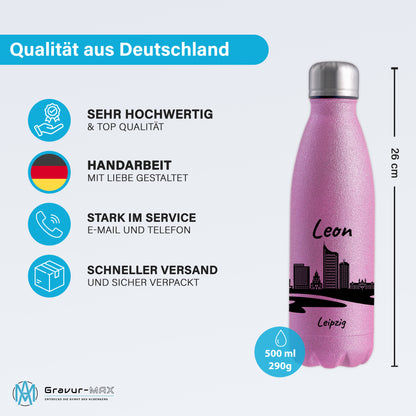 Glitzer Trinkflasche in Rosa 500ml aus Edelstahl bedruckt mit der Skyline von Leipzig personalisierbar mit Wunschname