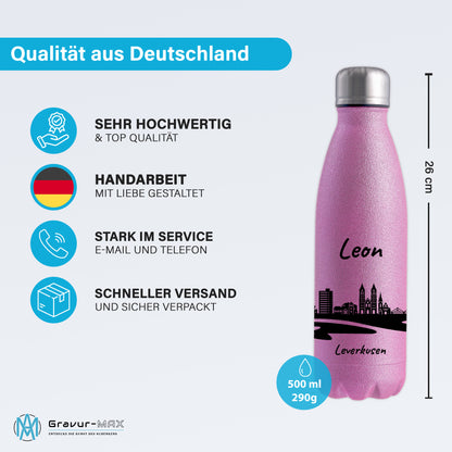 Glitzer Trinkflasche in Rosa 500ml aus Edelstahl bedruckt mit der Skyline von Leverkusen personalisierbar mit Wunschname