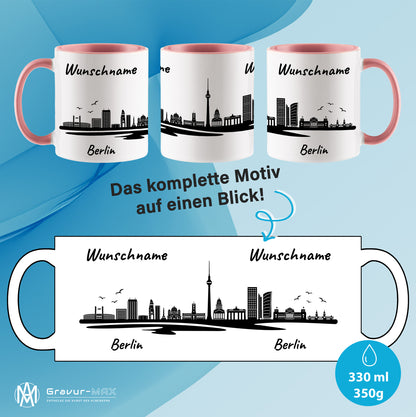 Tasse in Rosa 330ml bedruckt mit der Skyline von Berlin personalisierbar mit Wunschname