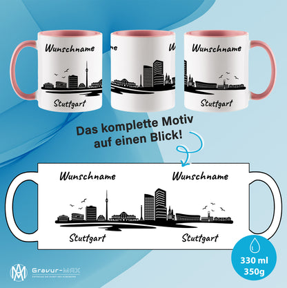 Tasse in Rosa 330ml bedruckt mit der Skyline von Stuttgart personalisierbar mit Wunschname