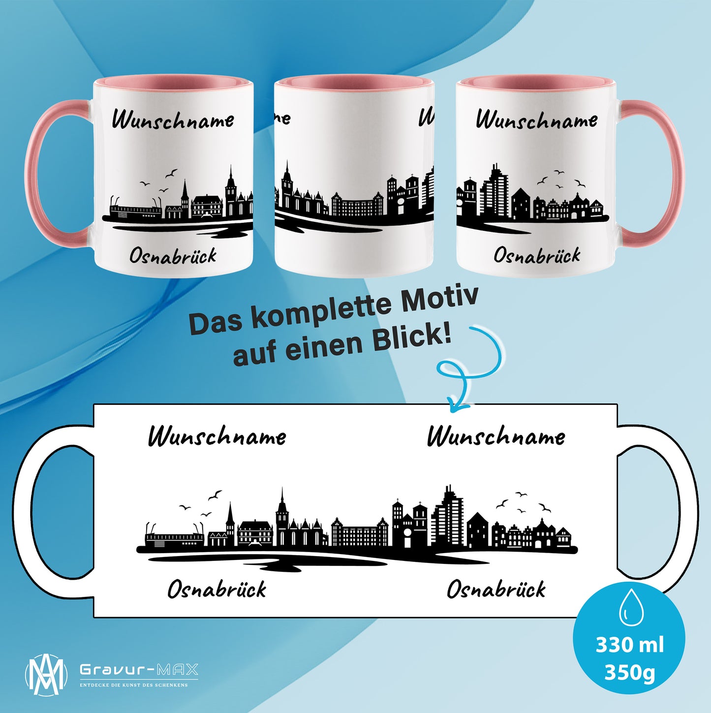 Tasse in Rosa 330ml bedruckt mit der Skyline von Osnabrück personalisierbar mit Wunschname