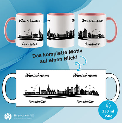Tasse in Rosa 330ml bedruckt mit der Skyline von Osnabrück personalisierbar mit Wunschname