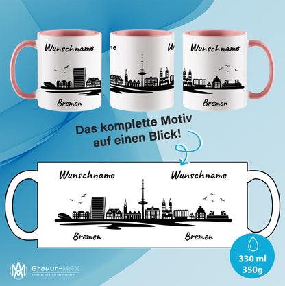 Tasse in Rosa 330ml bedruckt mit der Skyline von Bremen personalisierbar mit Wunschname
