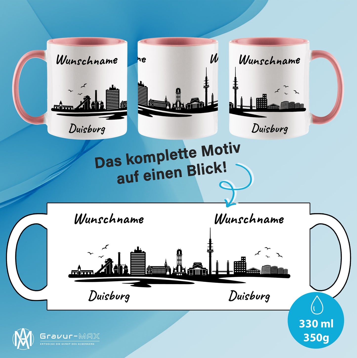 Tasse in Rosa 330ml bedruckt mit der Skyline von Duisburg personalisierbar mit Wunschname