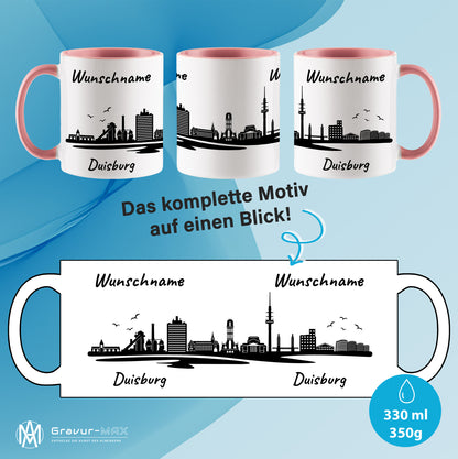 Tasse in Rosa 330ml bedruckt mit der Skyline von Duisburg personalisierbar mit Wunschname