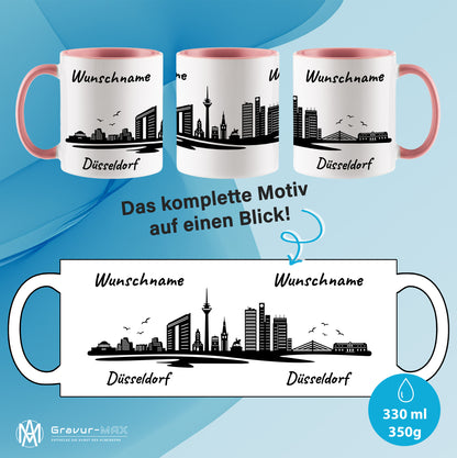 Tasse in Rosa 330ml bedruckt mit der Skyline von Düsseldorf personalisierbar mit Wunschname