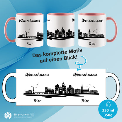 Tasse in Rosa 330ml bedruckt mit der Skyline von Trier personalisierbar mit Wunschname