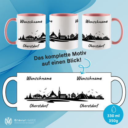 Tasse in Rosa 330ml bedruckt mit der Skyline von Oberstdorf personalisierbar mit Wunschname