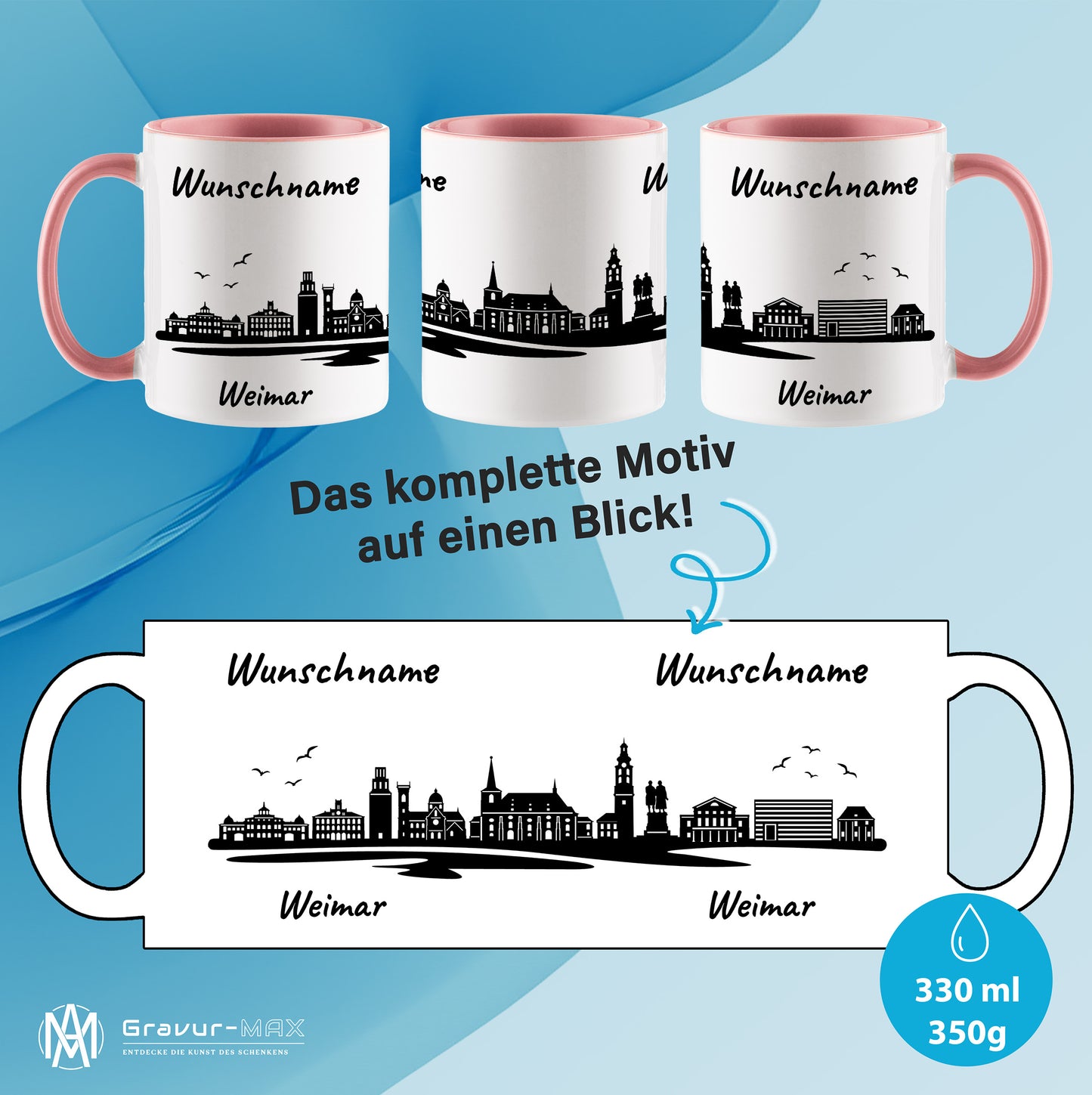 Tasse in Rosa 330ml bedruckt mit der Skyline von Weimar personalisierbar mit Wunschname