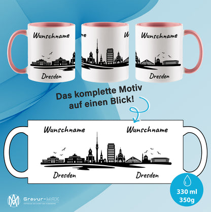 Tasse in Rosa 330ml bedruckt mit der Skyline von Dresden personalisierbar mit Wunschname