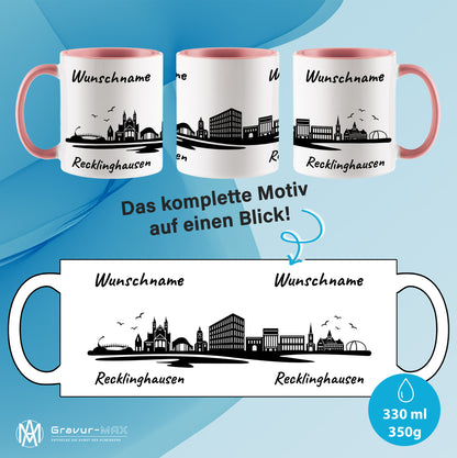 Tasse in Rosa 330ml bedruckt mit der Skyline von Recklinghausen personalisierbar mit Wunschname