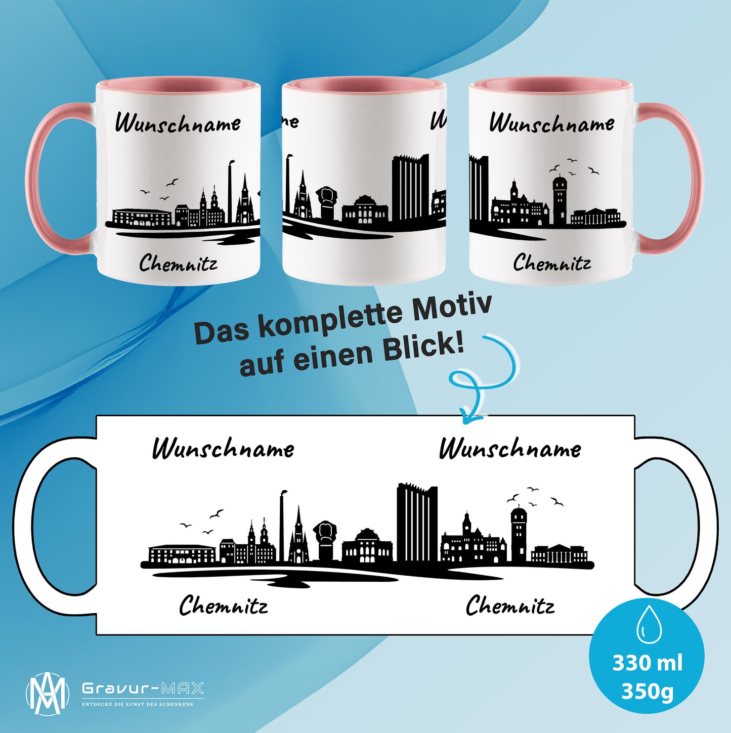Tasse in Rosa 330ml bedruckt mit der Skyline von Chemnitz personalisierbar mit Wunschname