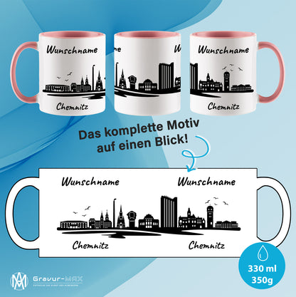 Tasse in Rosa 330ml bedruckt mit der Skyline von Chemnitz personalisierbar mit Wunschname