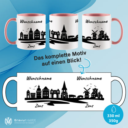 Tasse in Rosa 330ml bedruckt mit der Skyline von Zons (Dormagen) personalisierbar mit Wunschname